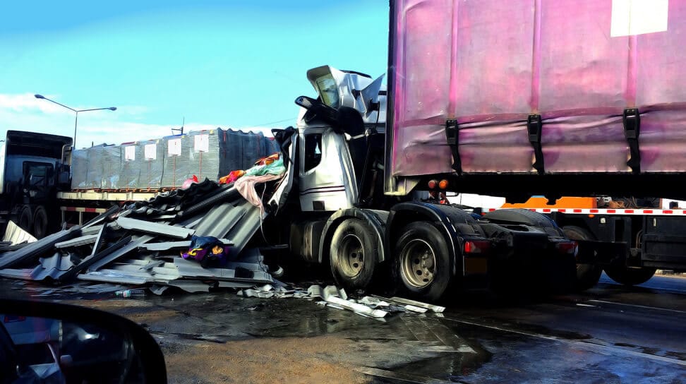 18-wheeler commercial vehicle crash with debris in the road